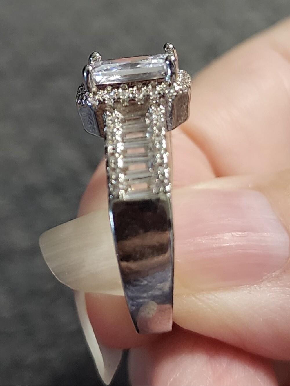 Silvertone Crystal Halo Engagement Ring with Channel Set Crystals - Picture 3 of 9
